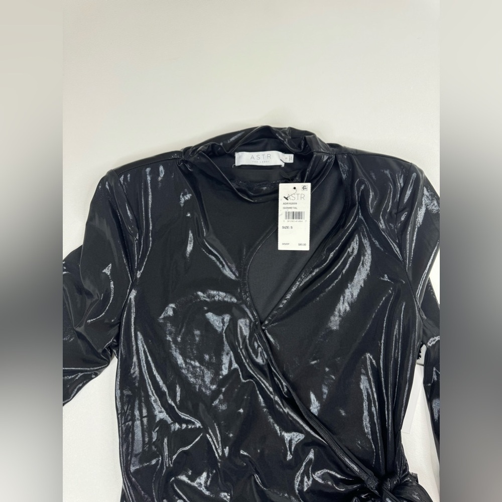 NWT ASTR The Cut Out Patent Long Sleeve Faux Wrap Mini Dress Small - Picture 4 of 16
